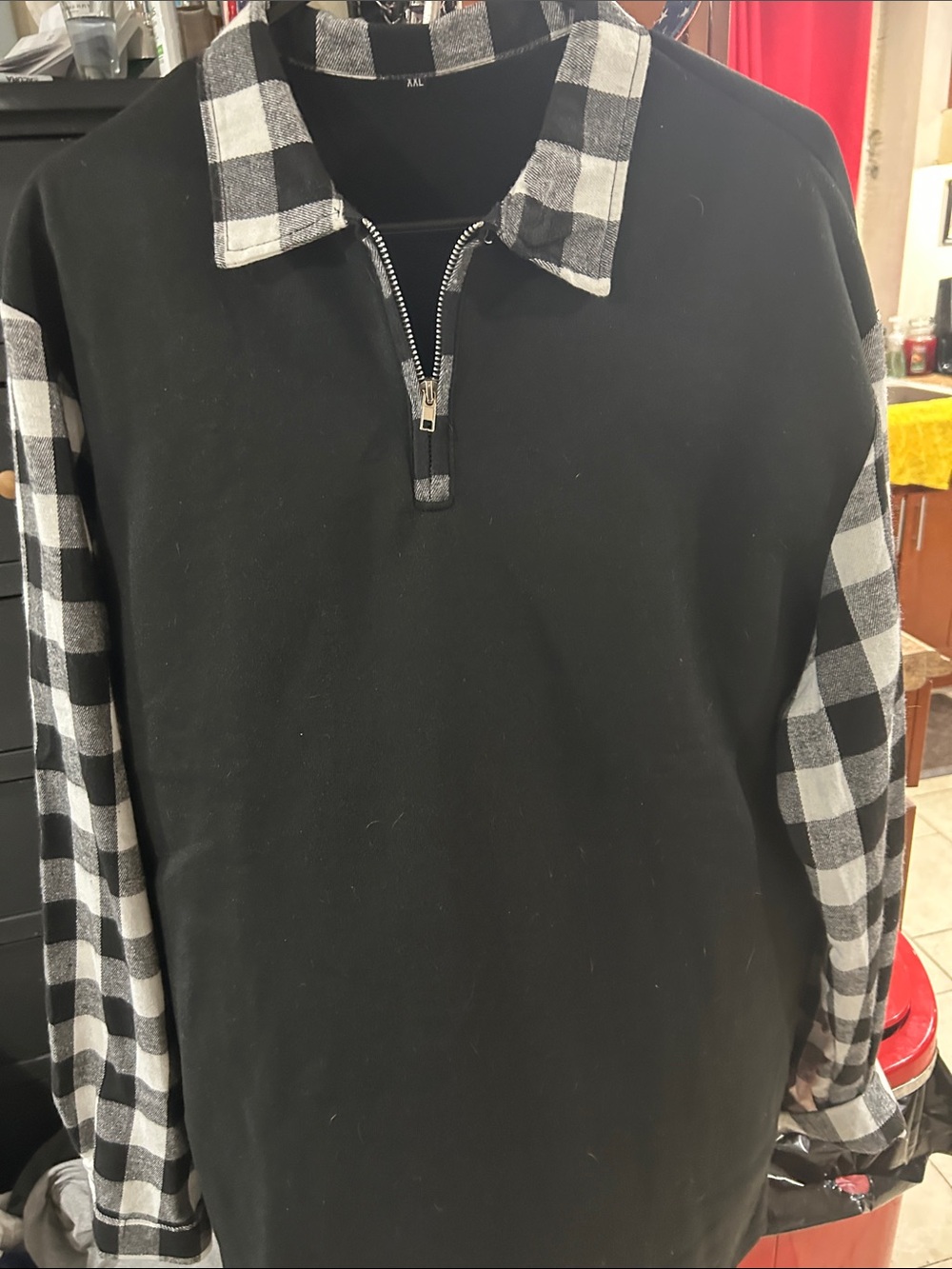 Men's Black Half-Zip Shirt with Black & White Plaid Trim